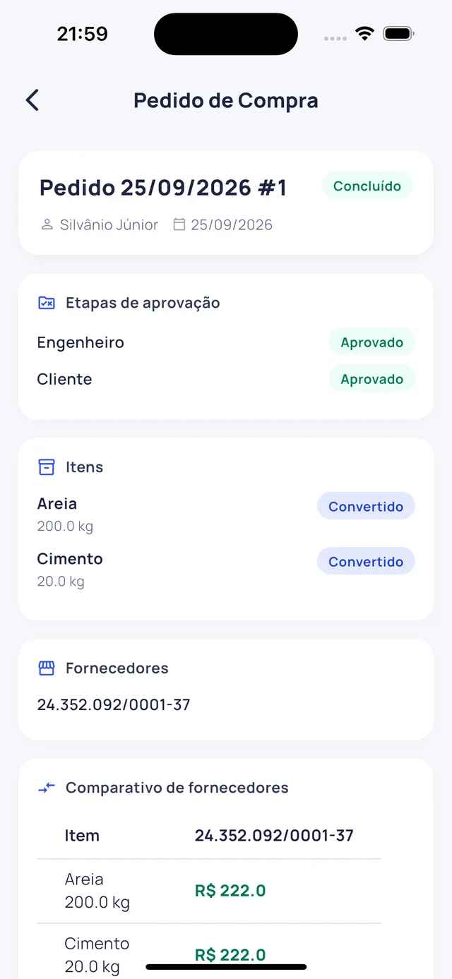 Aplicativo Pantheon: pedidos de compra
