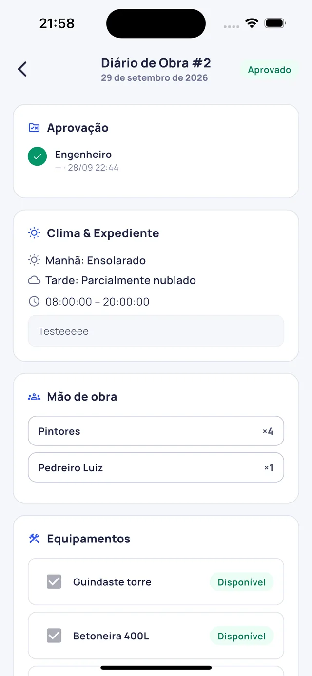 Aplicativo Pantheon: diário de obra com clima, mão de obra e equipamentos