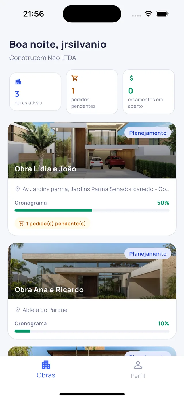 Aplicativo Pantheon: lista de obras com progresso