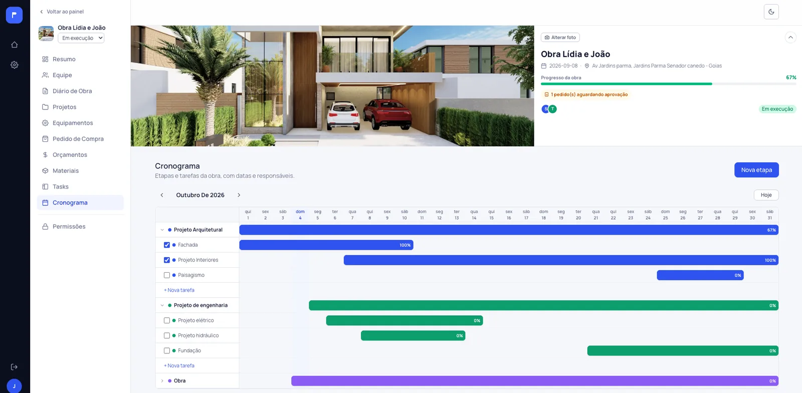 Cronograma da obra em gráfico de Gantt, com etapas coloridas e tarefas